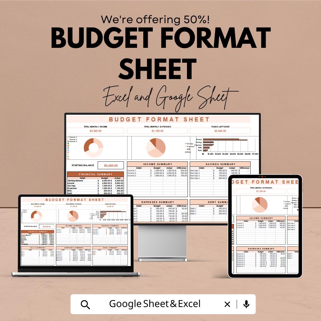 Budget Format Sheet | Monthly Budget Tracker | Google Sheet & Excel Template | Expense Tracker Spreadsheet | Financial Planning Tool