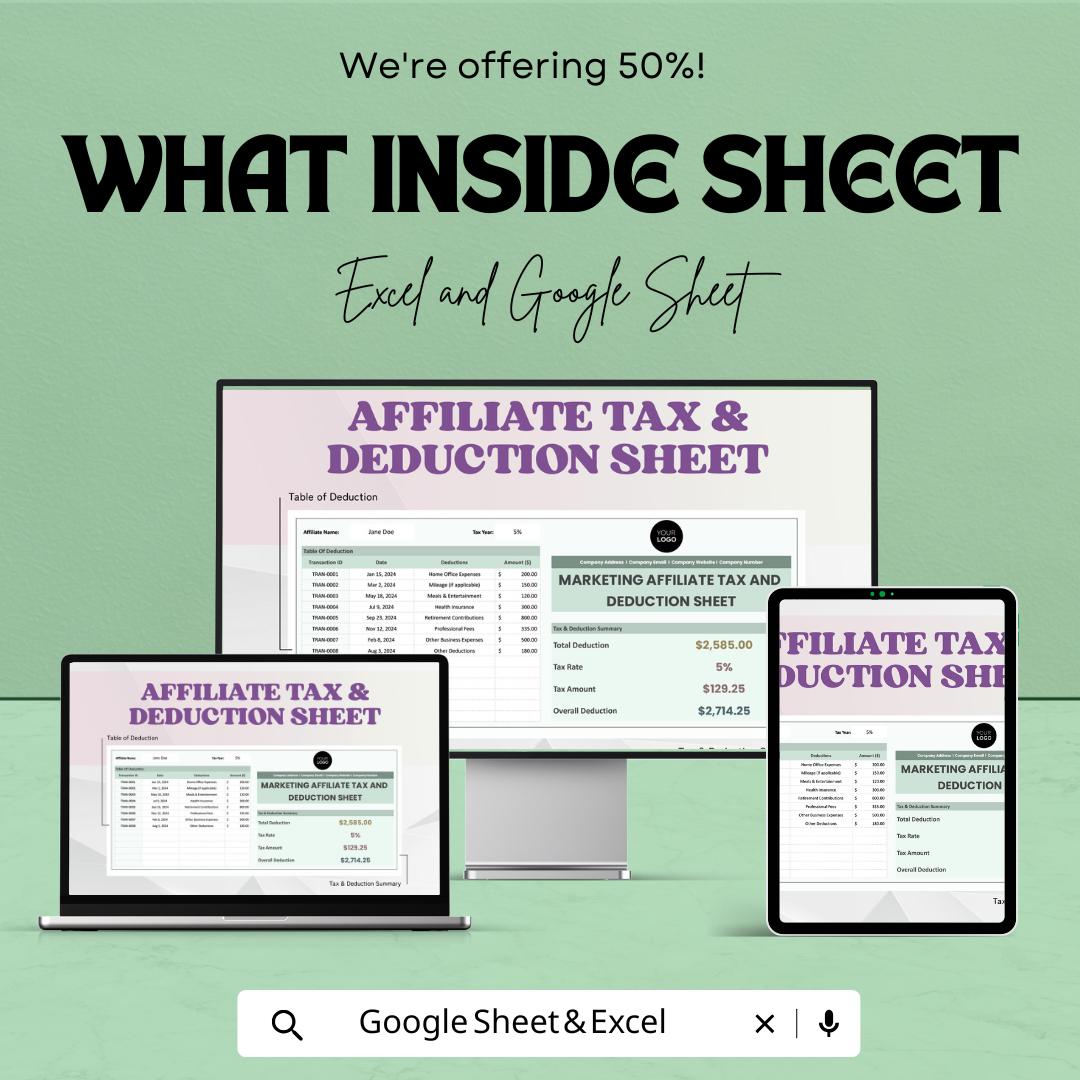 Marketing Affiliate Tax and Deduction Sheet Template | Affiliate Tax Tracker | Tax Deduction Spreadsheet | Excel & Google Sheets Template |
