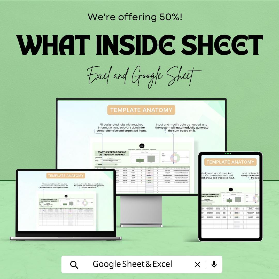 Startup Press Release Distribution Tracker | PR Outreach Spreadsheet | Media Pitch Log | Excel & Google Sheets