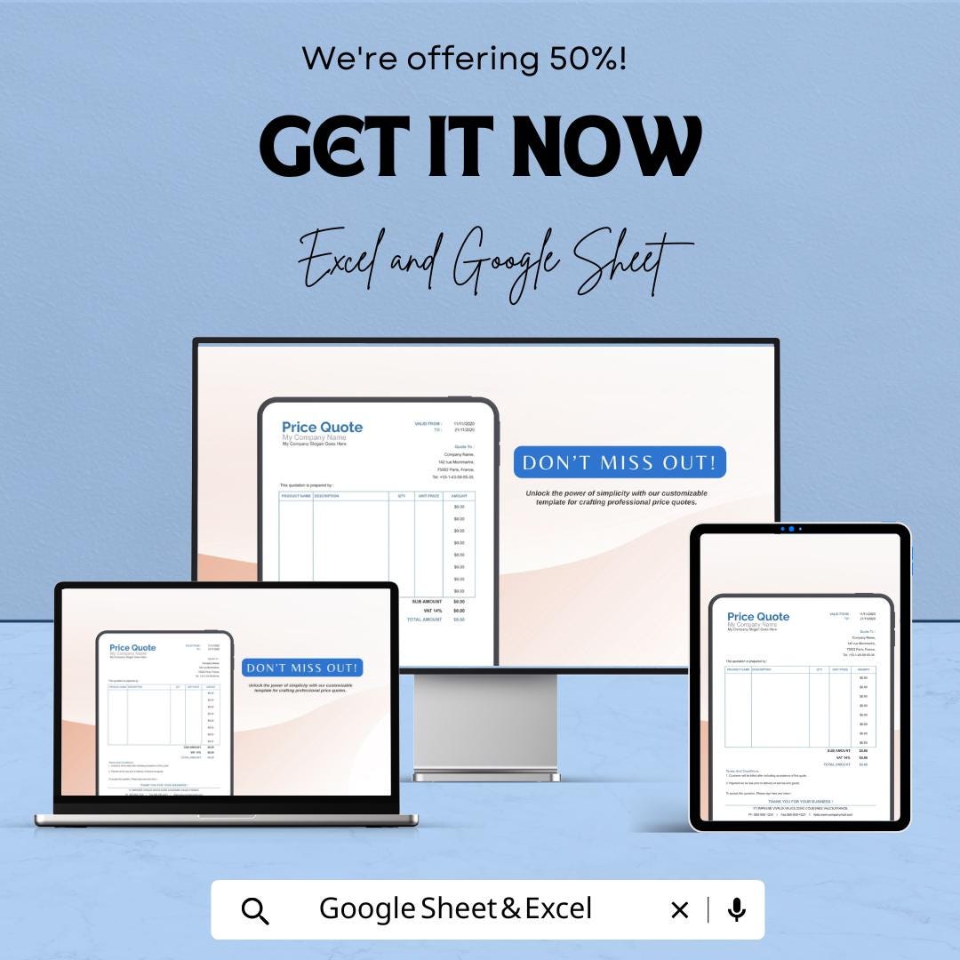Blank Price Quotation Sheet | Editable Excel & Google Sheets Template | Customizable Quote Form | Instant Download for Business