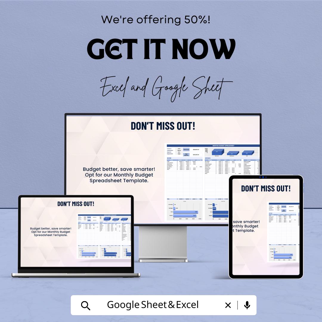Monthly Budget Spreadsheet Template | Monthly Budget Planner | Excel and Google Sheets Expense Tracker | Personal & Business Budget Tool