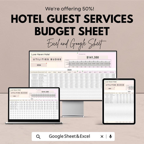 Hotel Guest Services Budget Sheet – Excel & Google Sheet Template – 2024 Financial Planning for Hotels – Track Services and Enhance Guest |