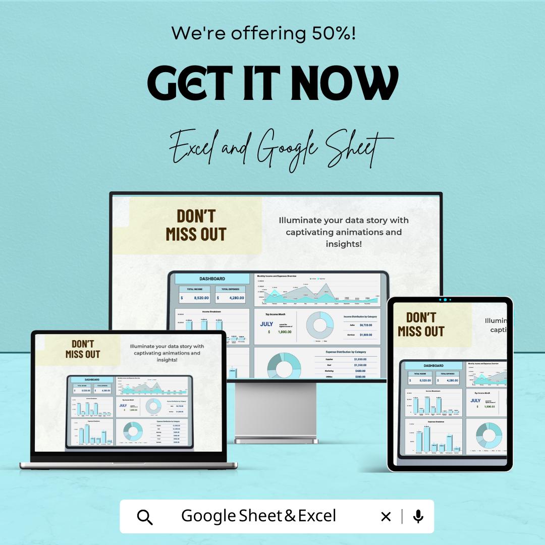 Animated Key Data Dashboard | Google Sheets and Excel Template | Interactive Business KPI Report | Expense Tracker & Income Report