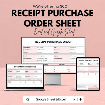 Receipt Purchase Order Sheet | Excel & Google Sheets Template | Order Management for Businesses | Purchase Order Tracking Tool