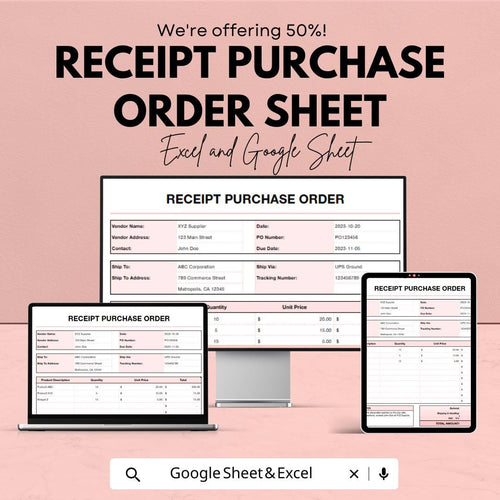 Receipt Purchase Order Sheet | Excel & Google Sheets Template | Order Management for Businesses | Purchase Order Tracking Tool