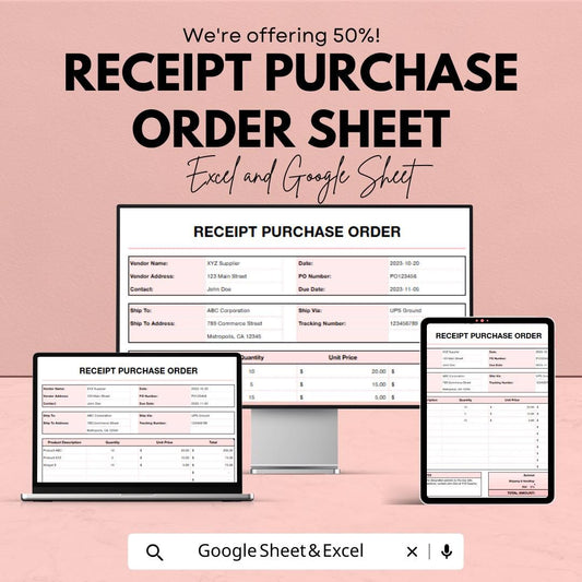 Receipt Purchase Order Sheet | Excel & Google Sheets Template | Order Management for Businesses | Purchase Order Tracking Tool