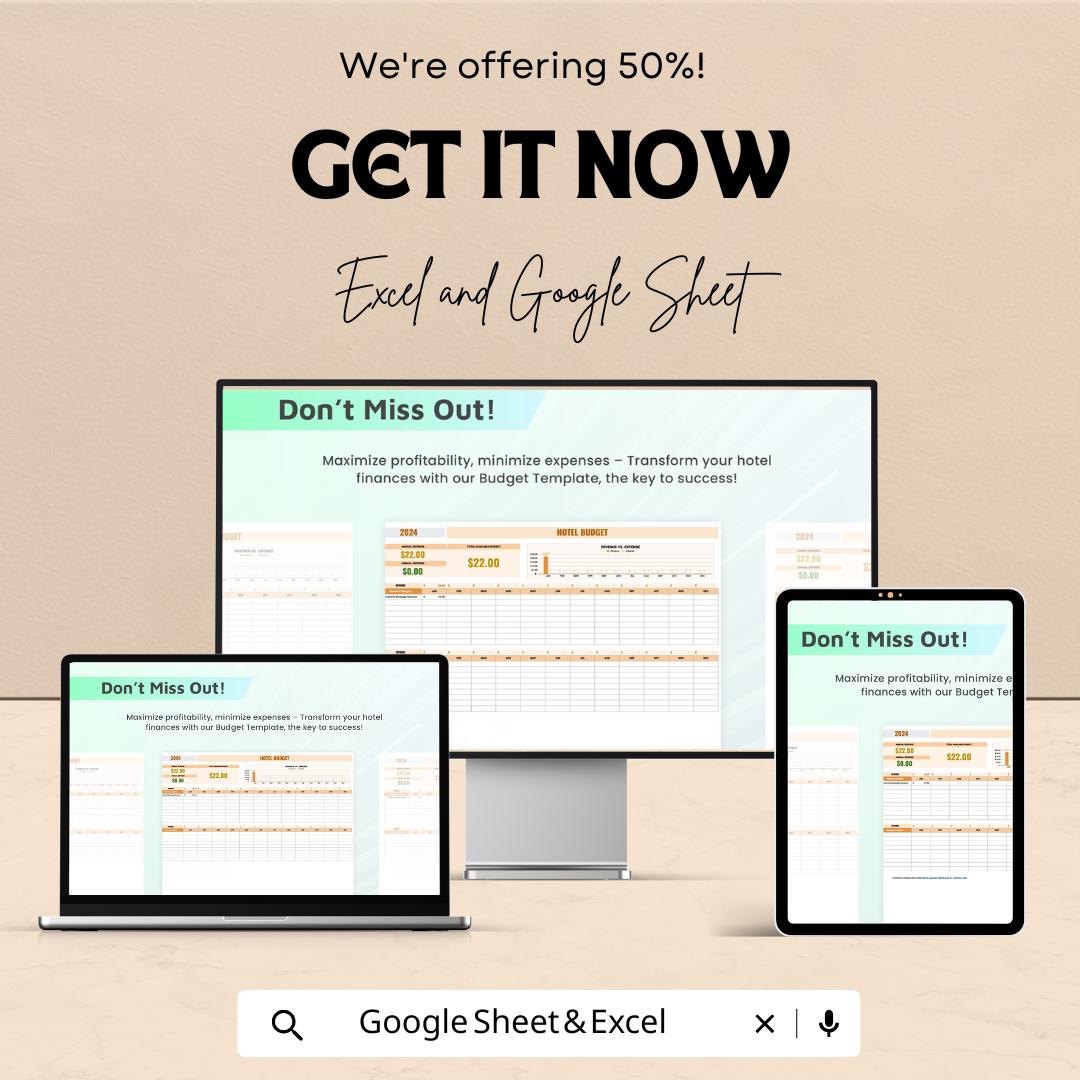 Hotel Budget Template | Hotel Expense Tracker | Revenue & Cost Management sheet | Excel and Google Sheets | Hospitality Finance Planner