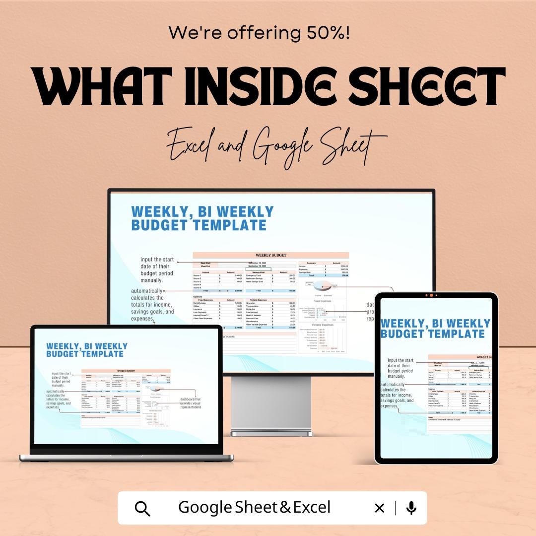 Weekly, Bi-Weekly Budget Sheet | Excel and Google Sheets | Budget Planner Template | Income and Expense Tracker | Digital Finance Tool