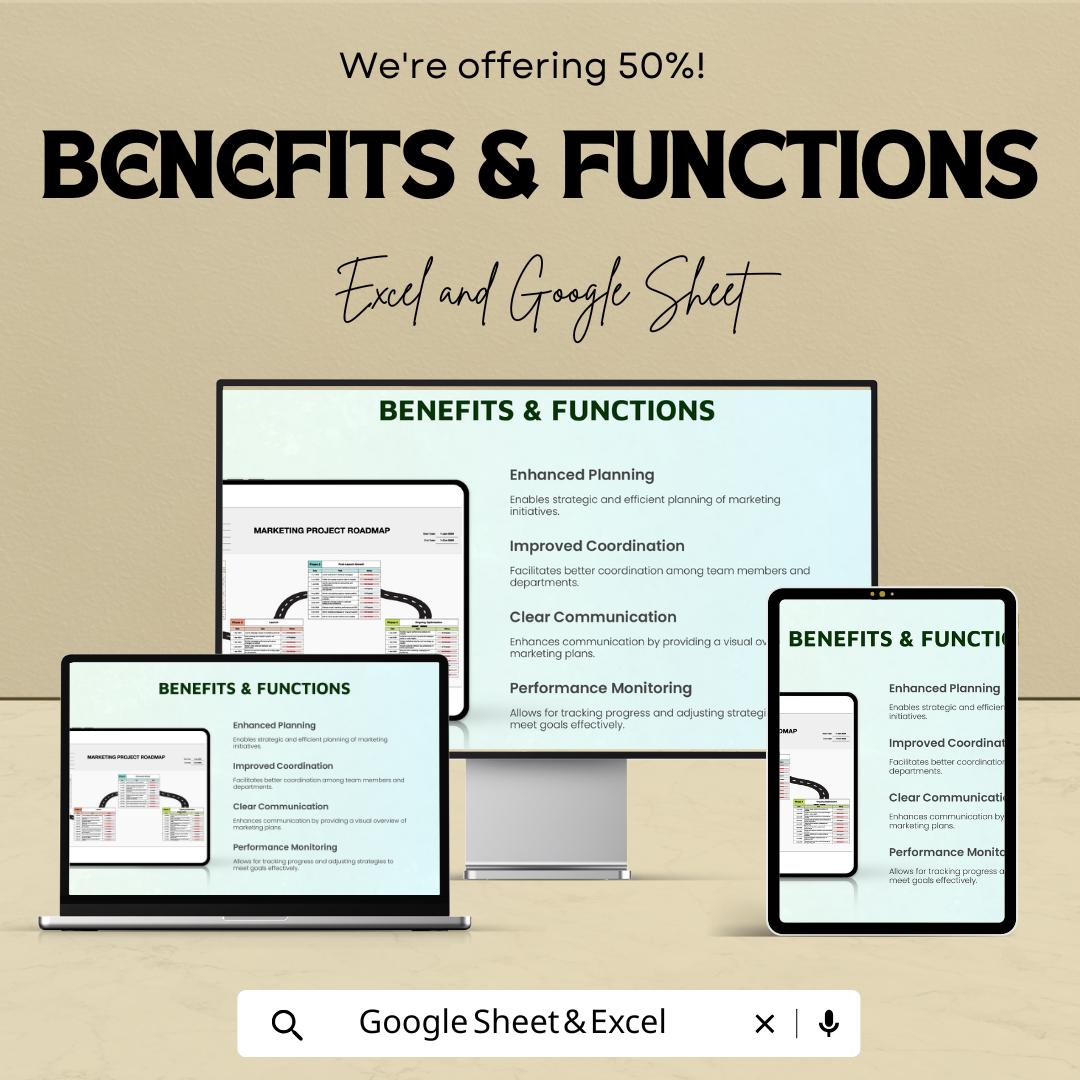 Marketing Project Roadmap Sheet | Excel & Google Sheets Template | Campaign Planning, Goal Setting, Milestone Tracking | 50% Off