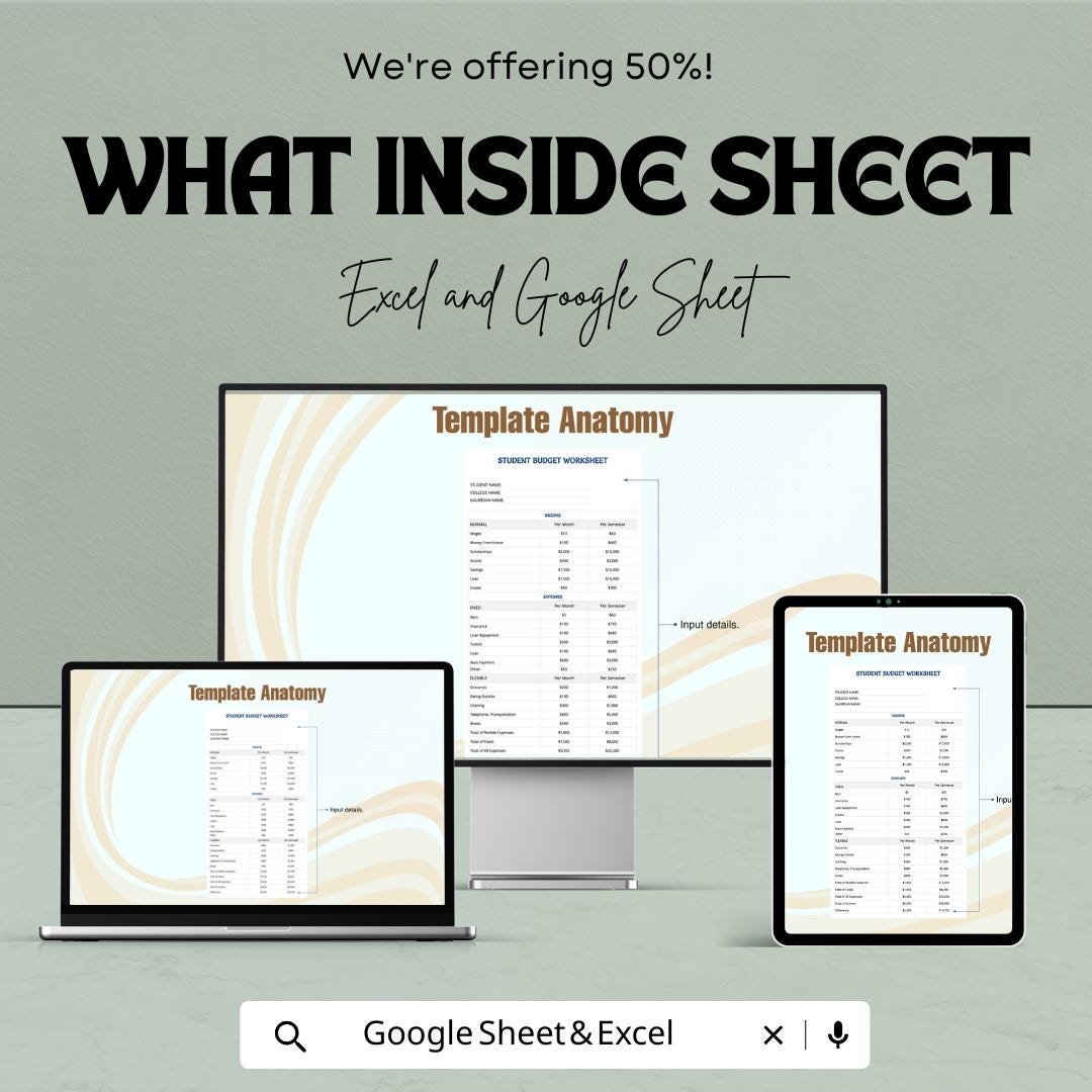 Student Budget Worksheet Template for Excel and Google Sheets | Track Income & Expenses | Financial Planning for Students | 50% Off!