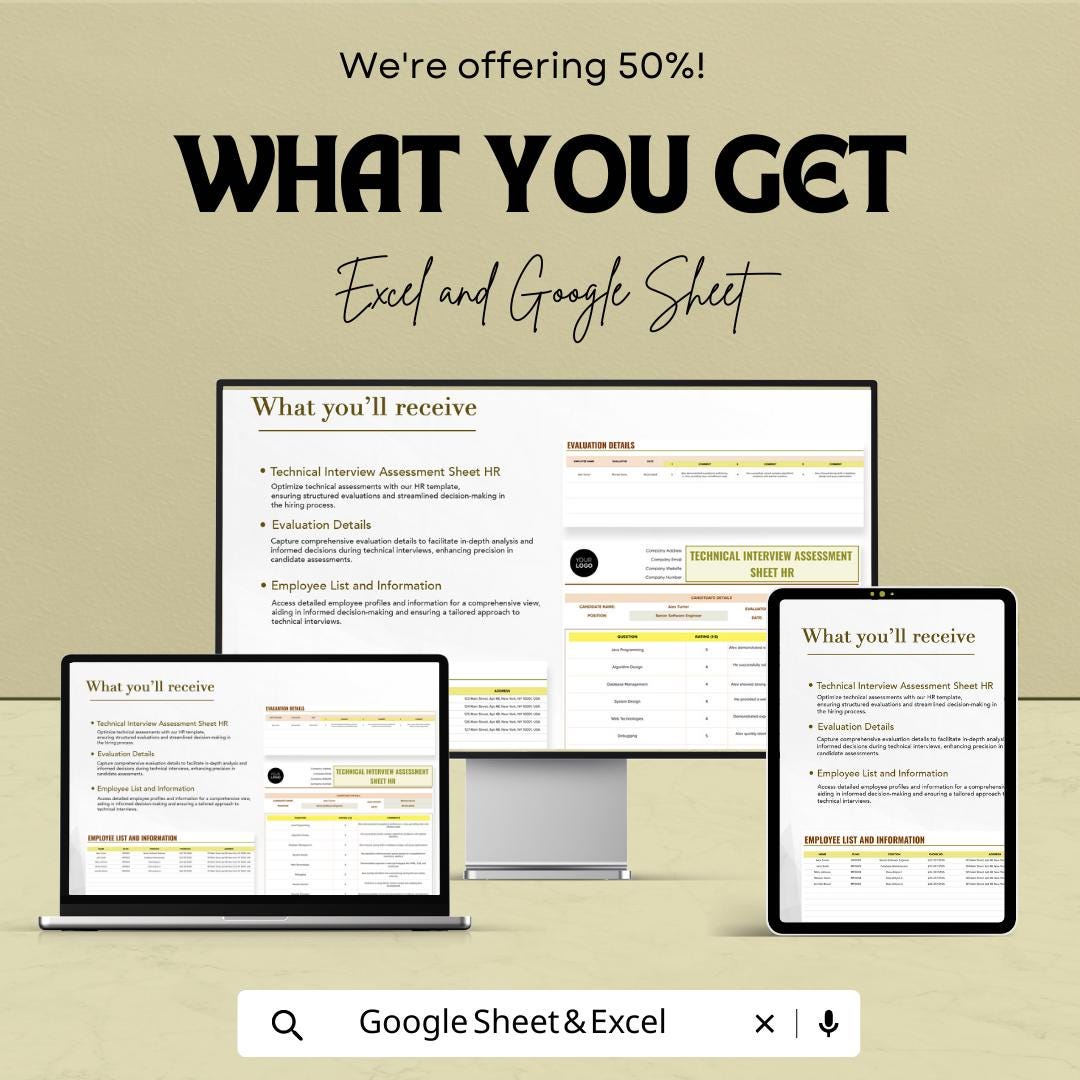 Technical Interview Assessment Sheet Template | Candidate Evaluation Form | Hiring Scorecard Spreadsheet | HR Interview Tracker