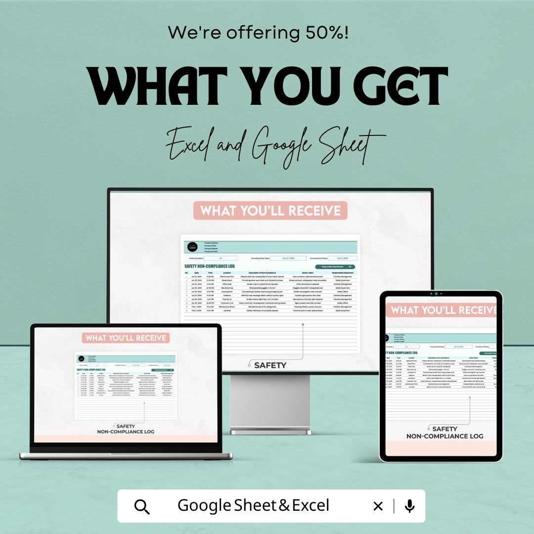 Safety Non-Compliance Log Template | Incident Report Tracker | OSHA Compliance Log Spreadsheet | Excel & Google Sheets Safety Report