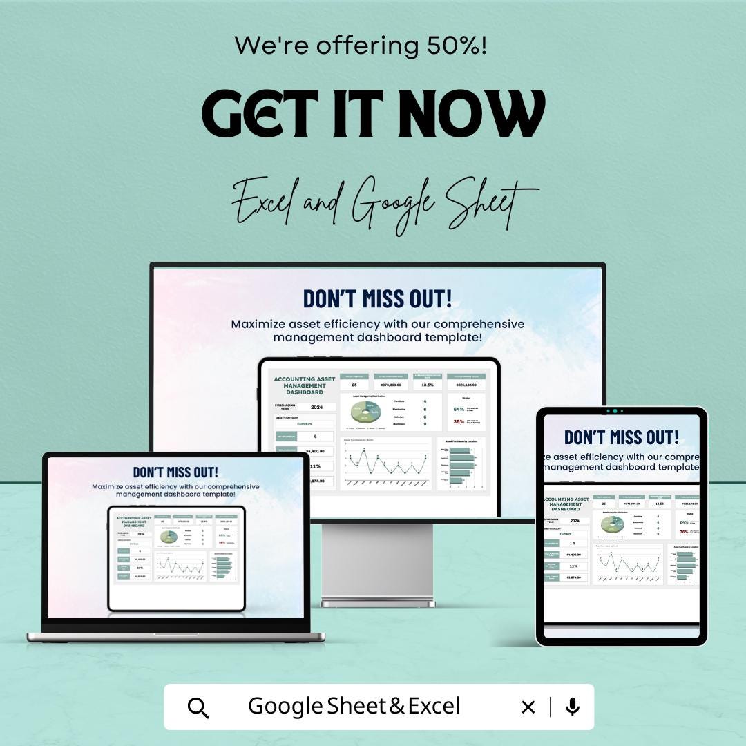 Accounting Asset Management Dashboard Template | Asset Tracking Dashboard | Depreciation & Inventory Tracker