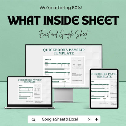 QuickBooks Payslip Template | Payroll Payslip Spreadsheet | Employee Salary Slip Tracker | Excel & Google Sheets | Business Payroll