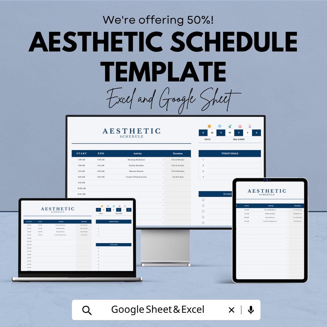 Aesthetic Schedule Template | Daily Planner Spreadsheet | Excel & Google Sheets Schedule | Productivity Planner Template |