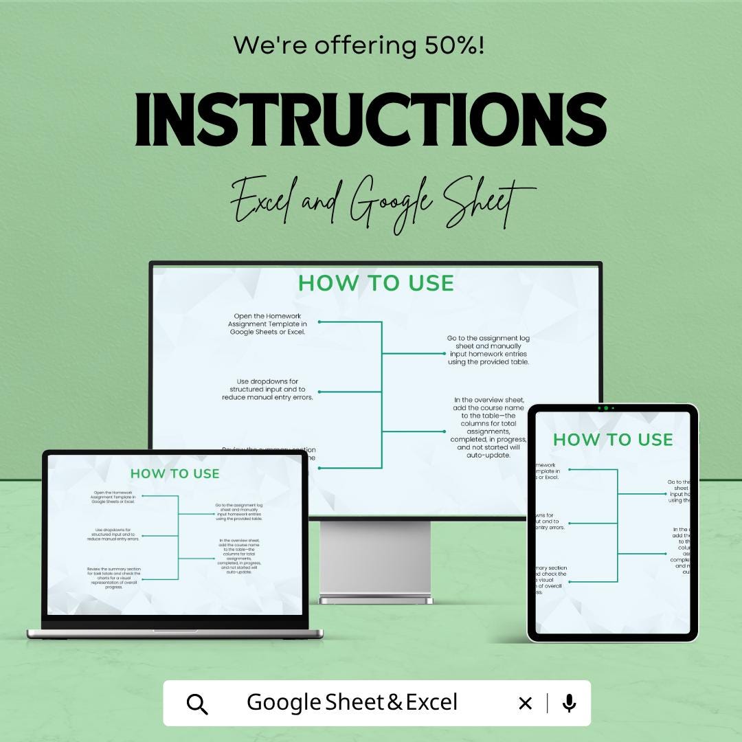 Homework Assignment Template | Student Assignment Tracker | Homework Planner Spreadsheet | Excel & Google Sheets | Study Organizer Sheet