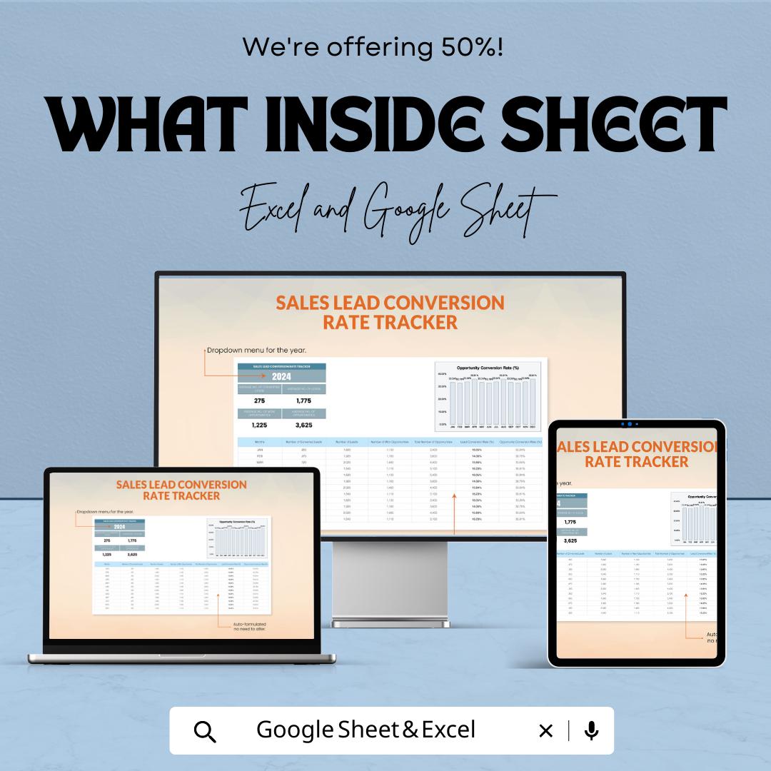 Sales Lead Conversion Tracker, Conversion Rate Spreadsheet, Sales Funnel Tracker, Lead Conversion Dashboard, Excel Google Sheets