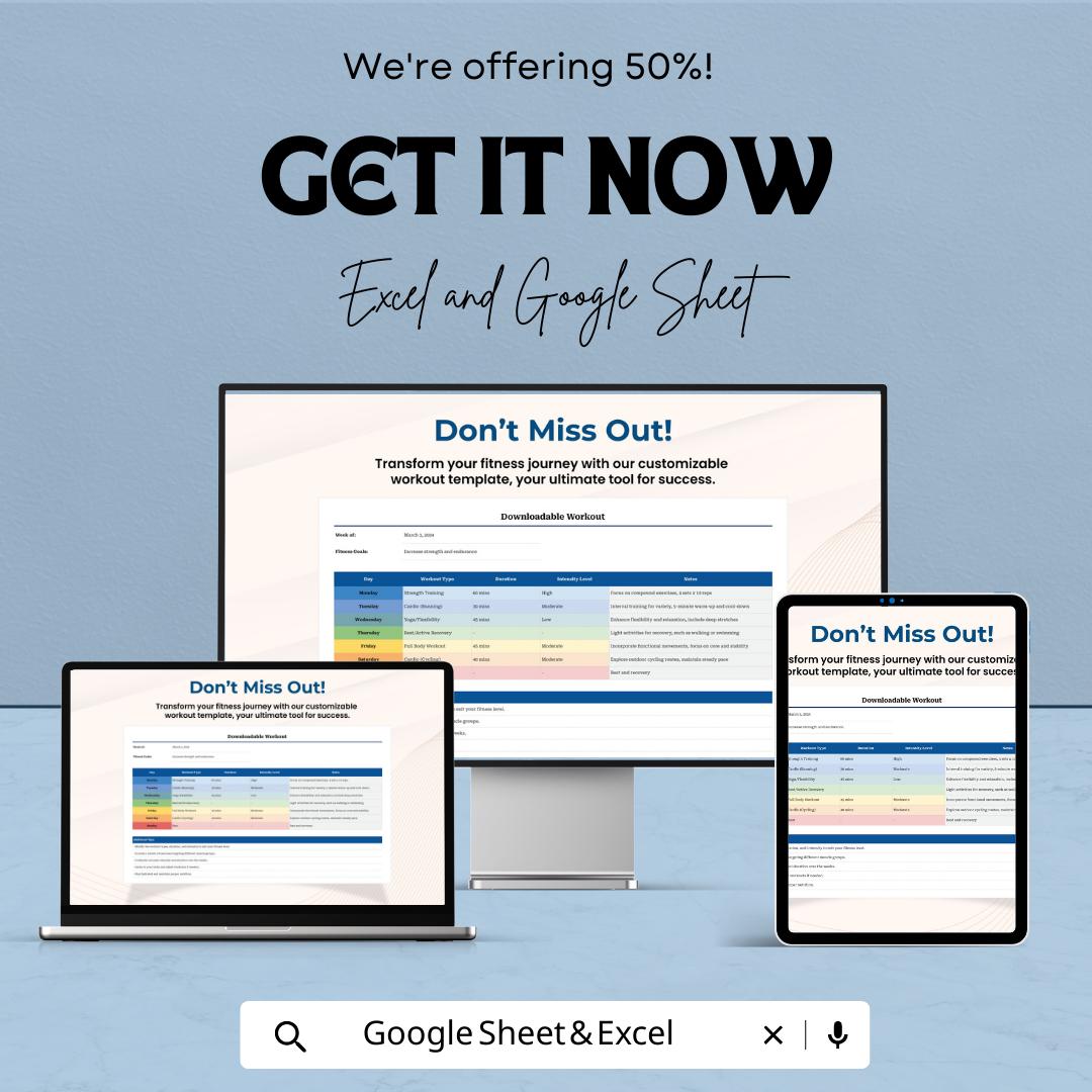 Workout Planner Spreadsheet | Weekly Workout Template | Fitness Tracker Template | Excel and Google Sheets Workout Planner | Gym Workout Log
