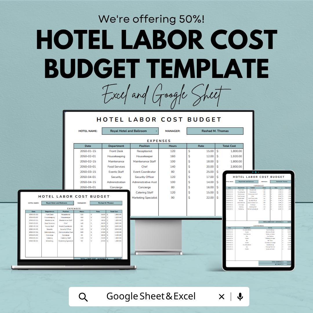 Hotel Labor Cost Budget Template | Payroll Budget Spreadsheet | Staff Cost Tracker | Excel & Google Sheets | Employee Expense Planner