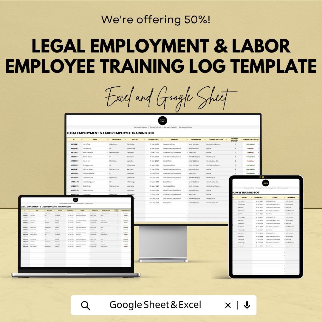Employee Training Log Template Excel | HR Training Tracker Spreadsheet | Compliance Training Record | Employee Training Sheet |