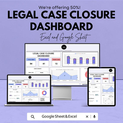 Legal Case Closure Dashboard Sheet | Google Sheets & Excel Template | Legal Case Management Tool | Track and analyze Legal Cases |