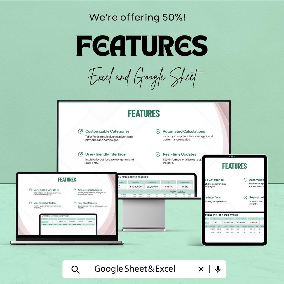 Advertising Daily Media Spend Tracker Template  | Ad Spend Tracker | Marketing Budget Planner | Media Invoice Tracking Spreadsheet