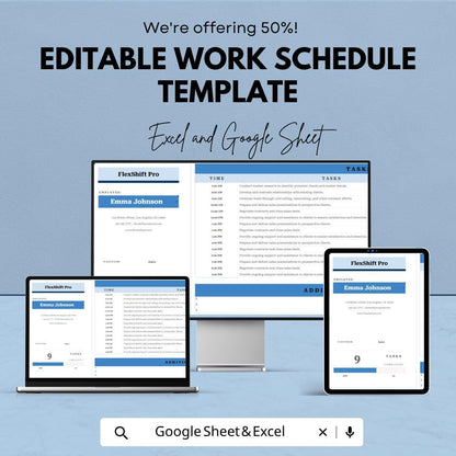 Editable Work Schedule Template | Employee Schedule Planner | Shift Schedule | Staff Management Tool | Excel & Google Sheets | Work Planne