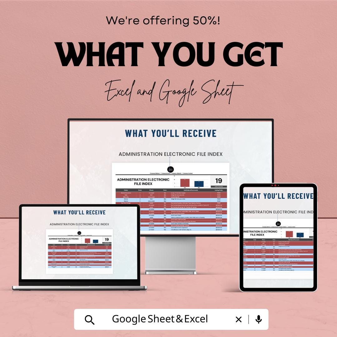 Administration Electronic File Index Template | Digital File Index for Excel & Google Sheets | Office Document Organizer