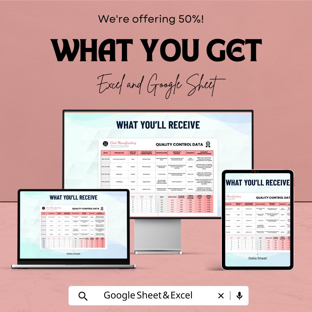 Quality Control Chart Template | Excel & Google Sheets | SPC Data Tracker | Statistical Process Control Sheet | Instant Download