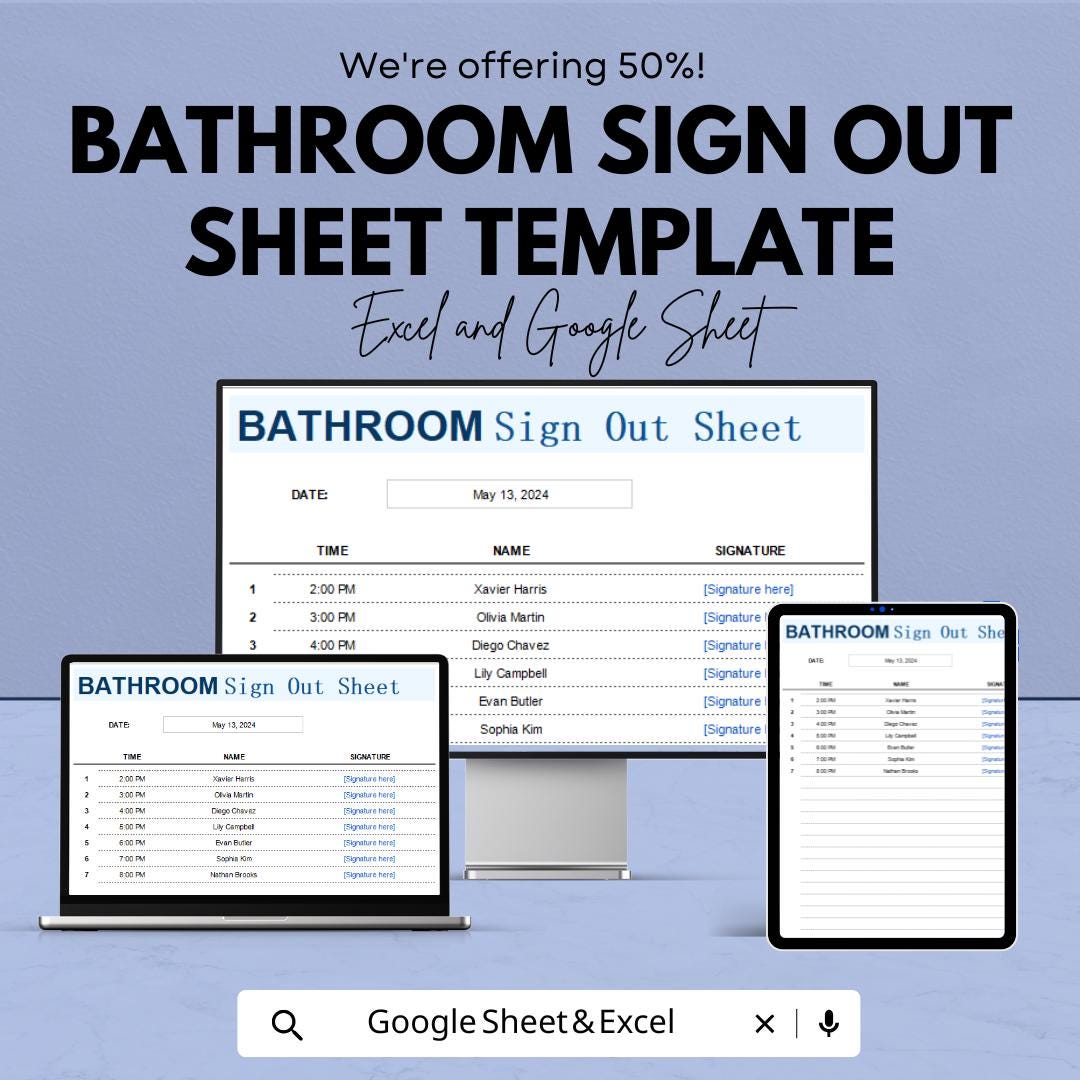 Bathroom Sign Out Sheet Template | Restroom Log Sheet | Classroom Bathroom Pass | Printable Excel & Google Sheet