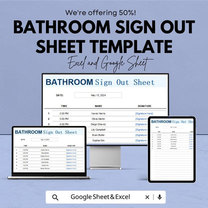 Bathroom Sign Out Sheet Template | Restroom Log Sheet | Classroom Bathroom Pass | Printable Excel & Google Sheet