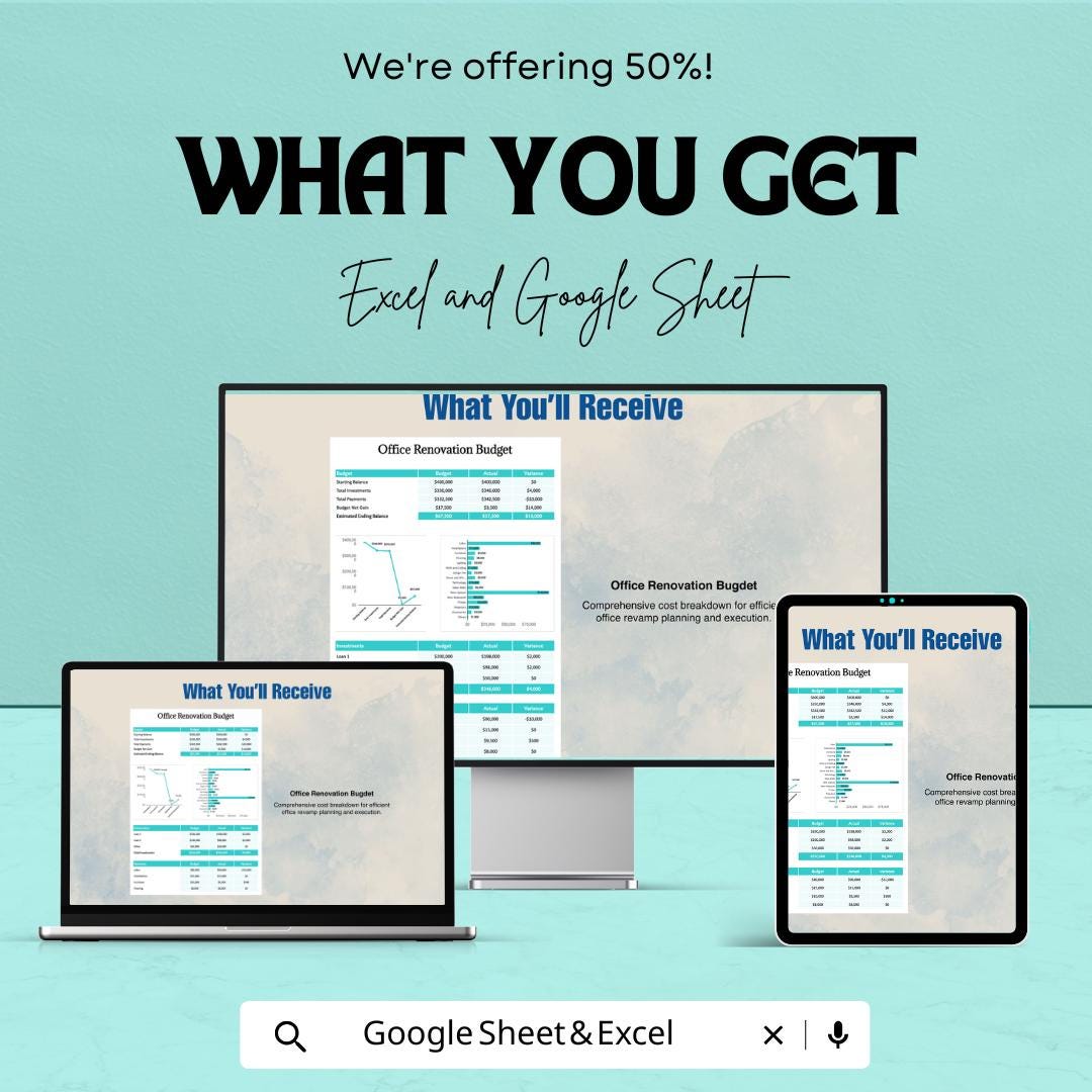 Office Renovation Budget Template | Excel & Google Sheets | Office Remodel Budget Planner | Renovation Cost Tracker | Editable Spreadsheet