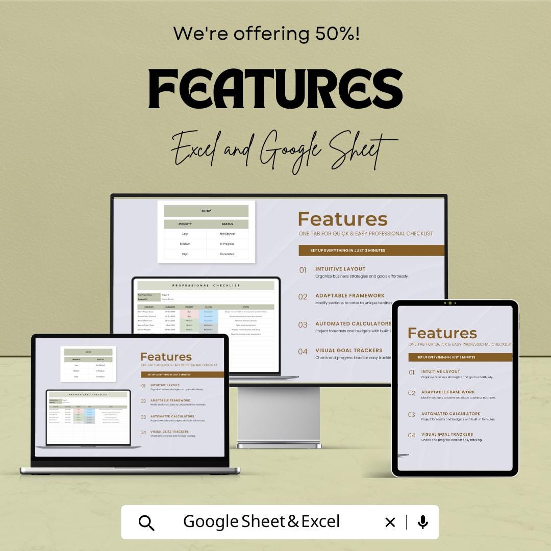 Professional Checklist Sheet | Google Sheets and Excel | Task & Project Tracker | Editable To-Do Planner | Business Checklist Template
