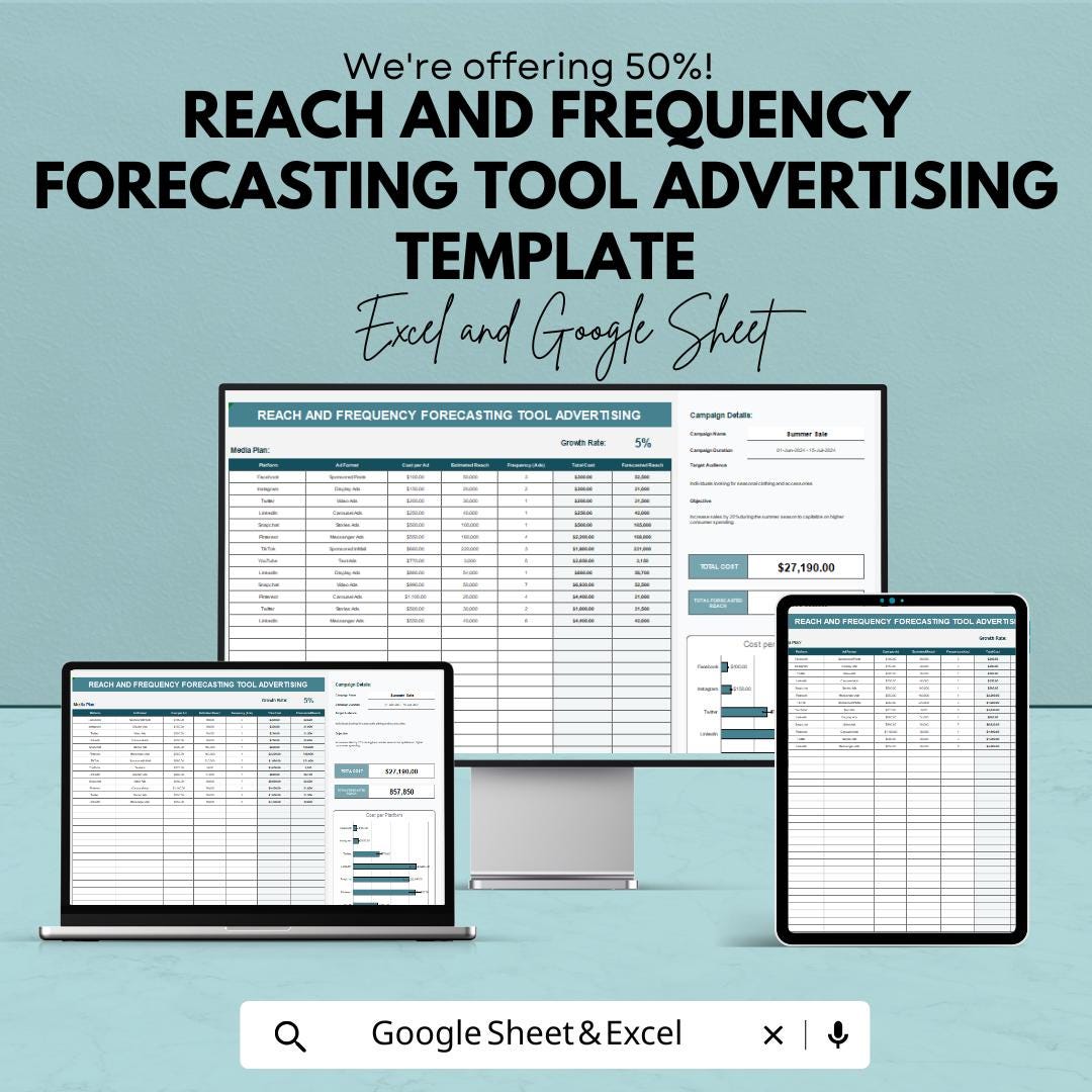 Reach and Frequency Forecasting Tool | Advertising Forecast Template | Media Planning Spreadsheet | Campaign Reach Calculator