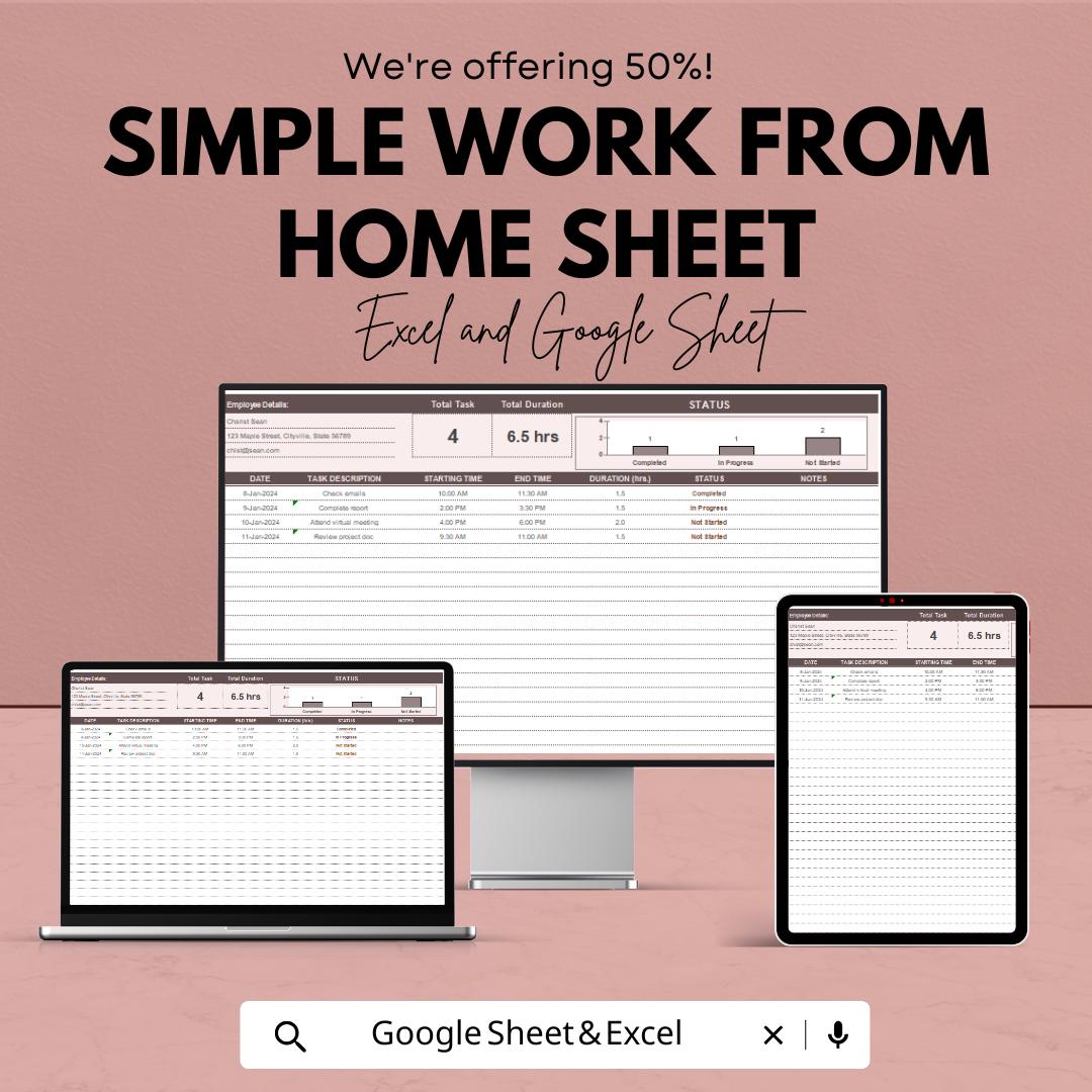 Simple Work from Home Sheet - Excel & Google Sheets Template | Work Tracker for Remote Jobs | Customizable Task Manager