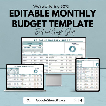 Editable Monthly Budget Template | Excel & Google Sheets Budget Planner | Income Expense Tracker | Personal Finance Spreadsheet