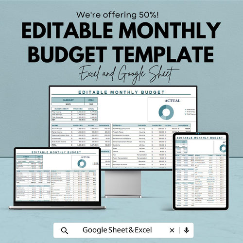 Editable Monthly Budget Template | Excel & Google Sheets Budget Planner | Income Expense Tracker | Personal Finance Spreadsheet