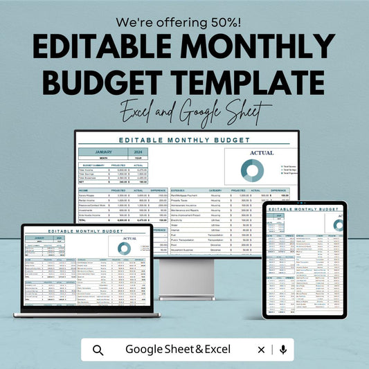 Editable Monthly Budget Template | Excel & Google Sheets Budget Planner | Income Expense Tracker | Personal Finance Spreadsheet