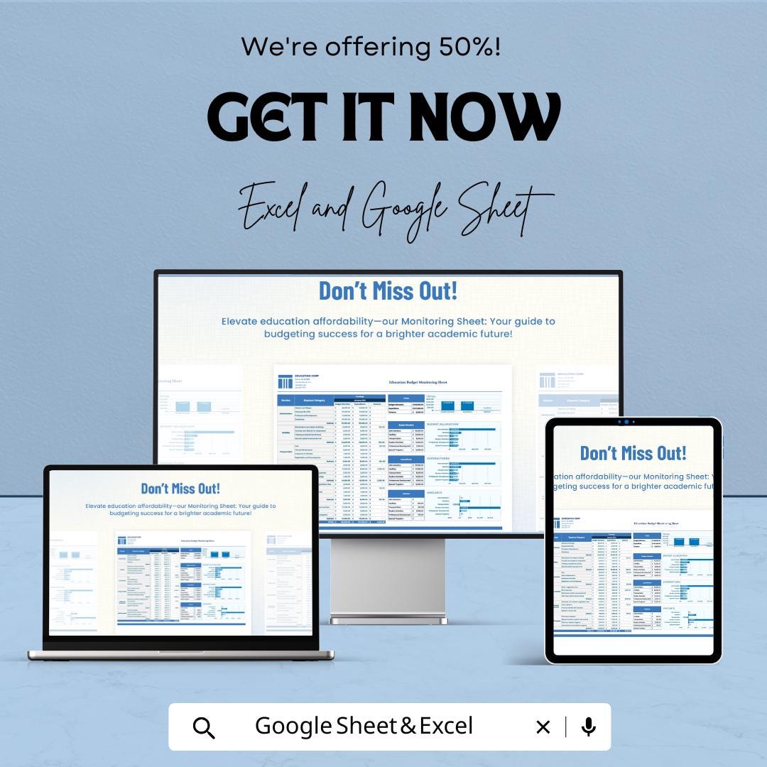 Education Budget Monitoring Sheet Template | School Budget Tracker | Education Expense Monitoring | Academic Finance Dashboard