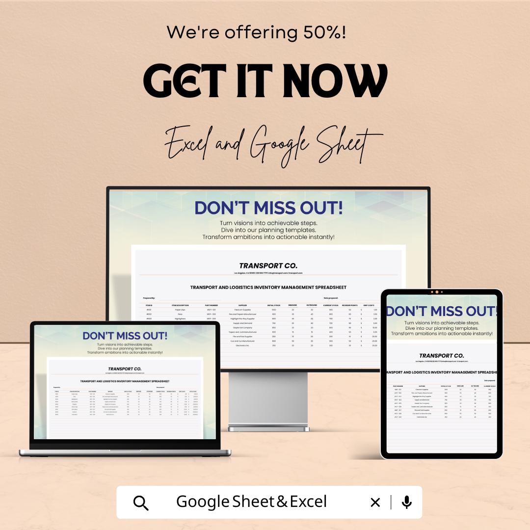 Transport & Logistics Inventory Management Spreadsheet | Excel and Google Sheets Template for Logistics, Stock Tracking, and Transport