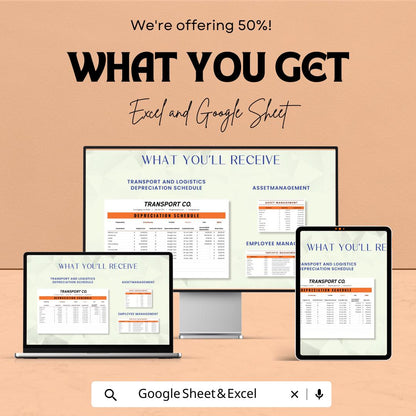 Transport & Logistics Depreciation Schedule Sheet | Excel and Google Sheet Template | Fleet Asset Tracker | Editable Financial Log