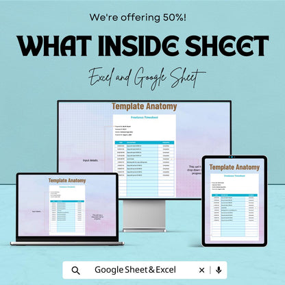 Freelance Timesheet Template | Excel and Google Sheets | Time Tracking Spreadsheet | Work Log | Project Hour Tracker | Editable Sheet