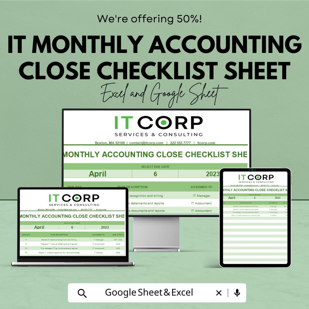 IT Monthly Accounting Close Checklist Template | Month-End Close Checklist | Accounting Task Tracker | Finance Close Process Sheet