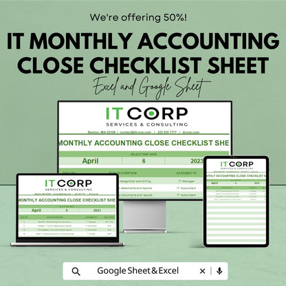 IT Monthly Accounting Close Checklist Template | Month-End Close Checklist | Accounting Task Tracker | Finance Close Process Sheet