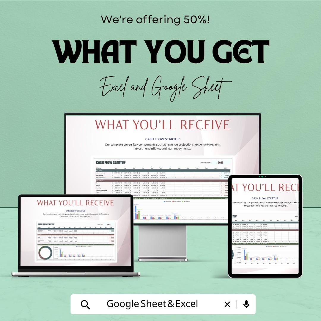 Cash Flow Startup Template | Excel & Google Sheets Business Finance Tracker | Startup Cash Flow Forecast | Income Expense Budget Planner