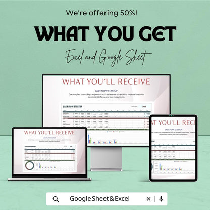 Cash Flow Startup Template | Excel & Google Sheets Business Finance Tracker | Startup Cash Flow Forecast | Income Expense Budget Planner
