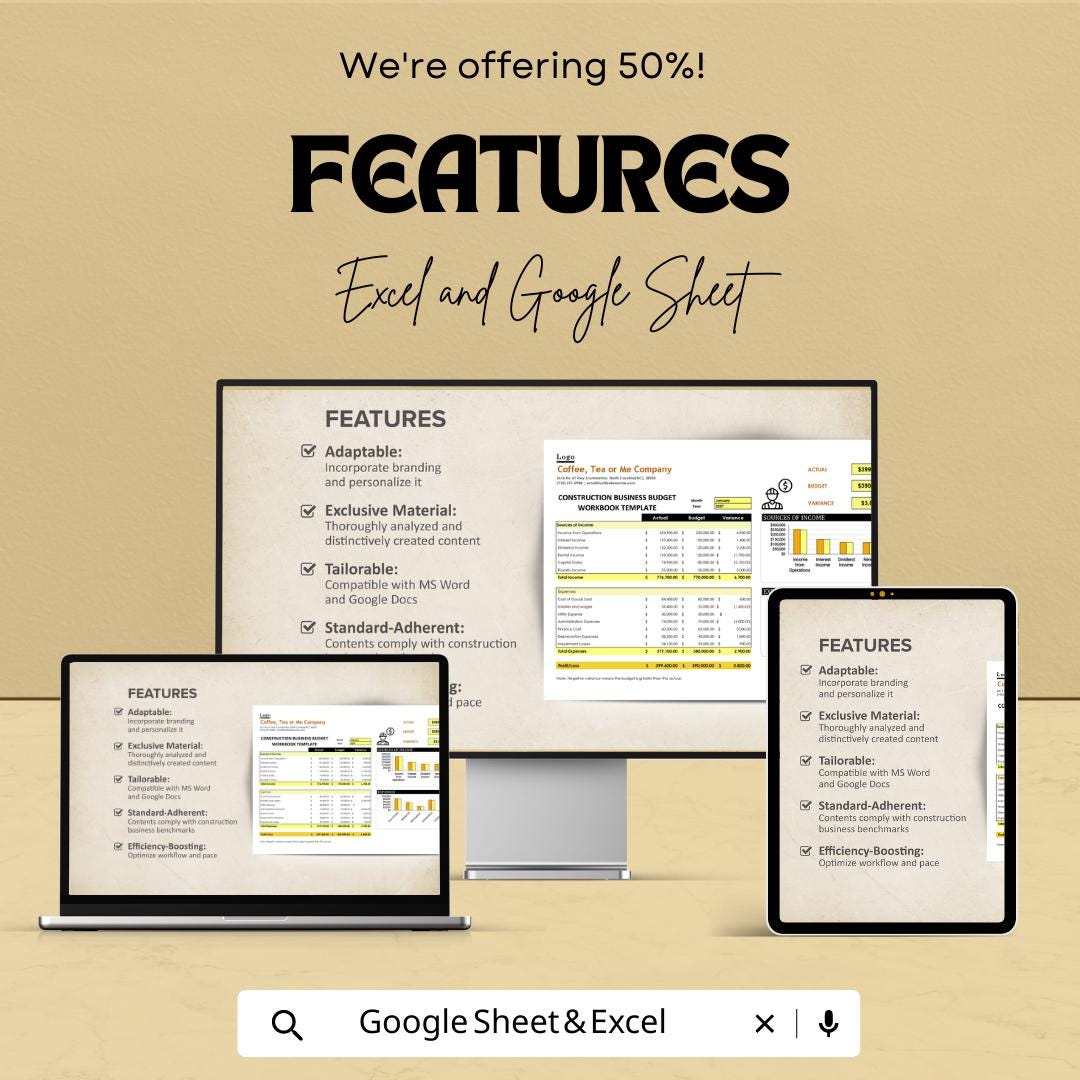 Construction Business Budget Workbook, Contractor Budget Template, Project Income Expense Tracker, Excel Google Sheets Budget