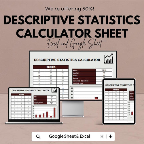 Descriptive Statistics Calculator Sheet for Excel & Google Sheets | Data Analysis Template | Statistical Calculator | Instant Download