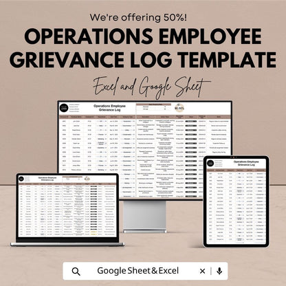 Operations Employee Grievance Log Template | HR Complaint Tracker Spreadsheet | Employee Issue Management Log | Excel & Google Sheets |
