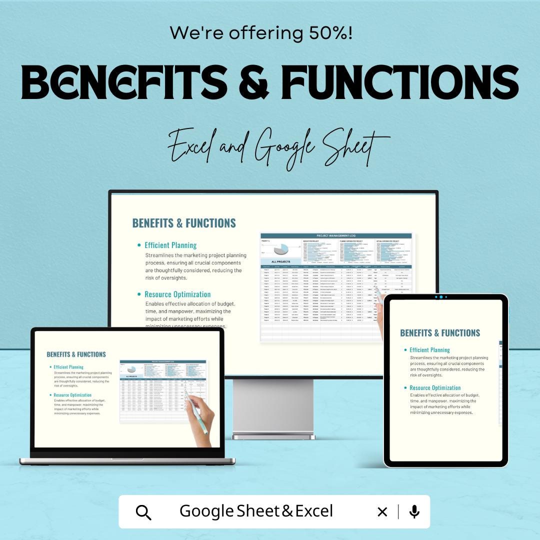 Project Management Log Sheet | Excel and Google Sheets Template | Track Projects, Budget & Expenses | Project Planning and Task Tracker